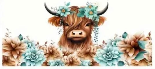 Blue Flowers Highland Cow Decal