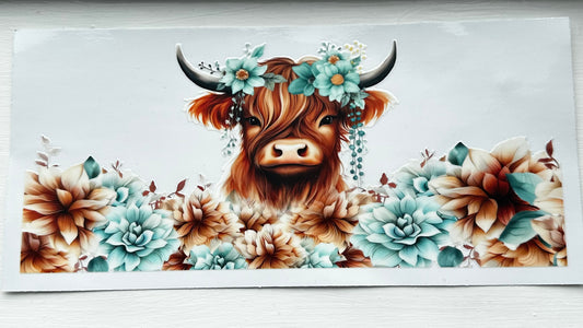 Blue Flowers Highland Cow Decal